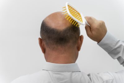 Bald man with hair brush in hand