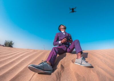Drone Pilot dressed in business suit piloting business drone